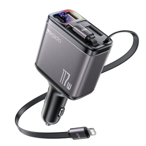 YESIDO Y63 117W Super Fast Car Charger Retractable USB-C & USB-A Cables Dual Port Digital Display Car Charger for Phones & Tablets