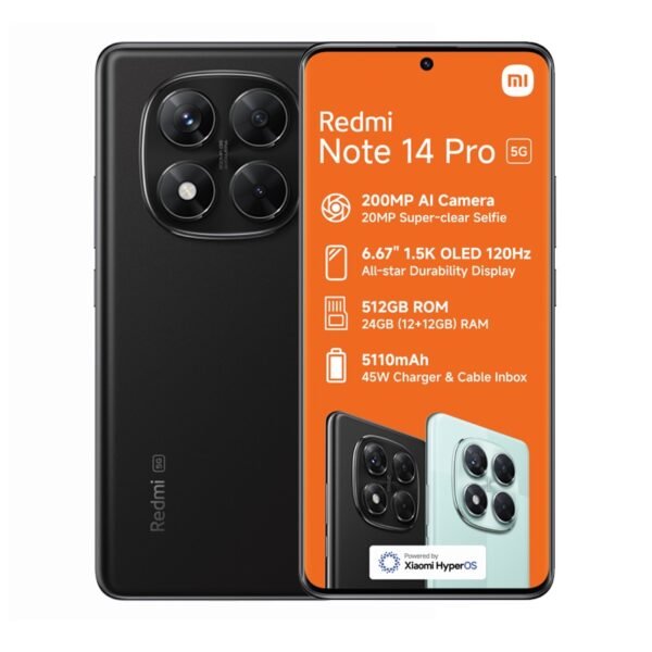 Xiaomi Redmi Note 14 Pro 5G + 4G LTE (for Tmobile Mint Tello & Global) (512GB + 12GB) NFC 6.67" 120Hz 200MP Pro AI Camera Model 24090RA29G Unlocked Dual Sim (Midnight Black)