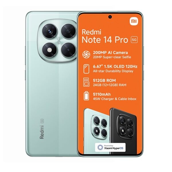 Xiaomi Redmi Note 14 Pro 5G + 4G LTE (for Tmobile Mint Tello & Global) (512GB + 12GB) NFC 6.67" 120Hz 200MP Pro AI Camera Model 24090RA29G Unlocked Dual Sim (Coral Green)